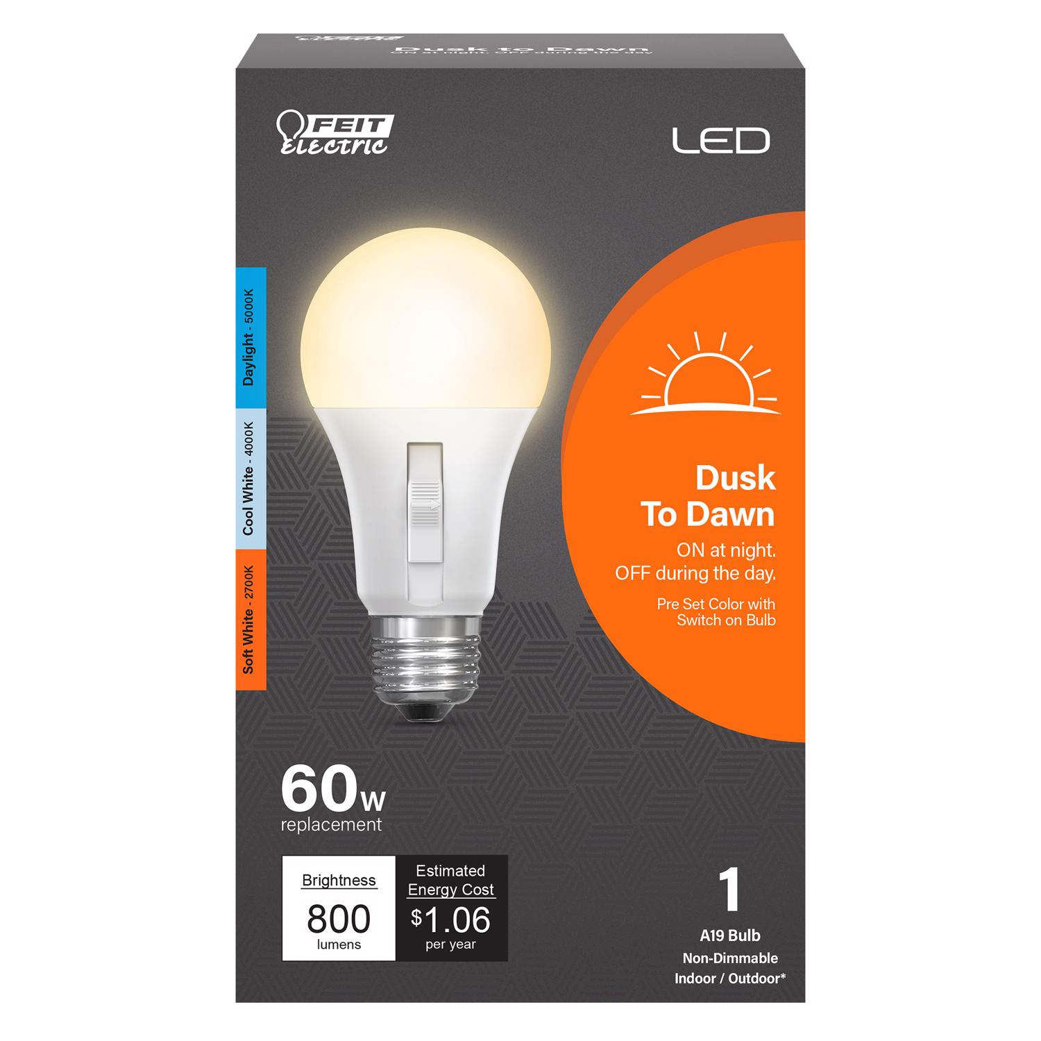 Feit Electric A19 E26 (Medium) LED Dusk to Dawn Bulb Tunable White/Color Changing 60 Watt Equivalenc
