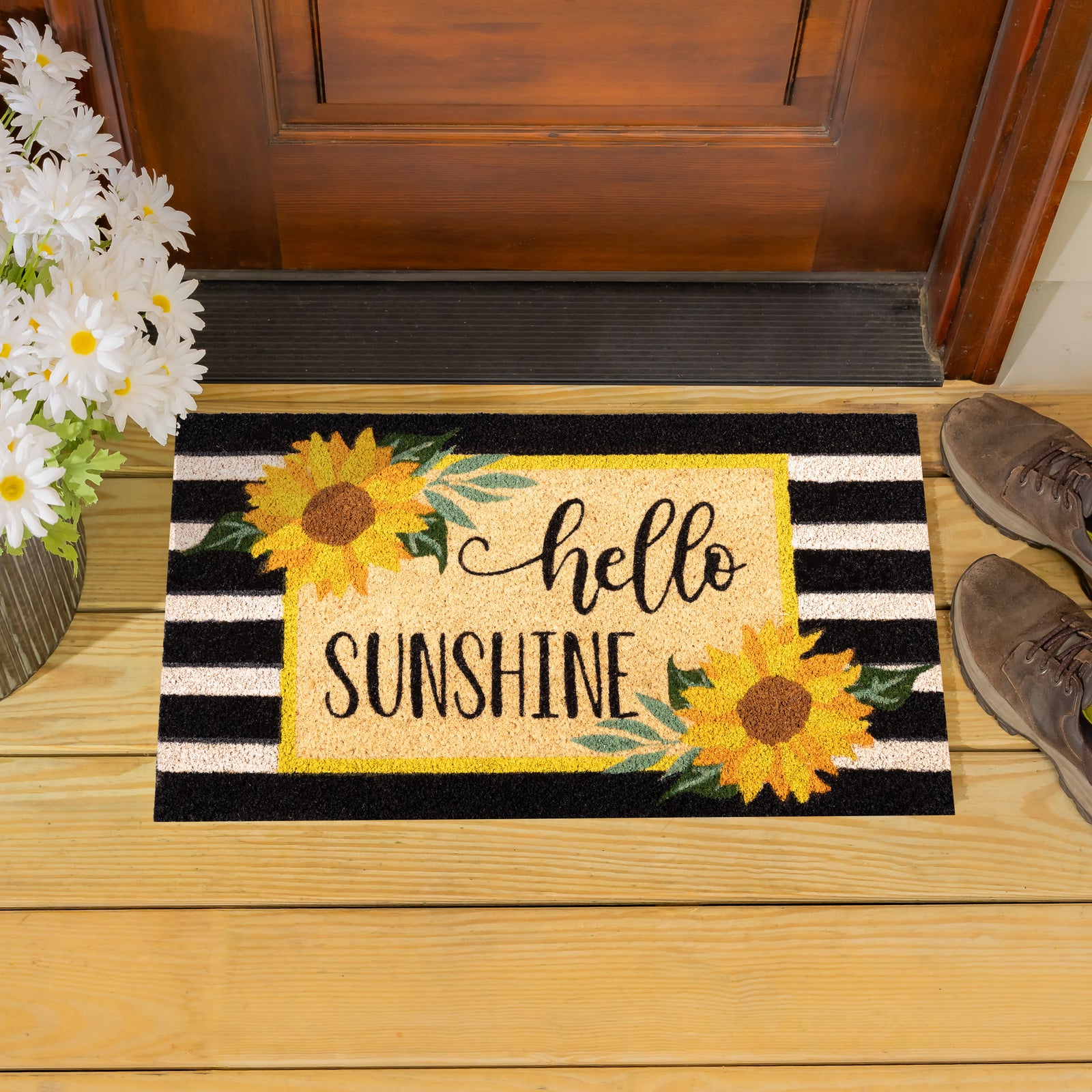 Evergreen Hello Sunshine Plaid Coir Mat