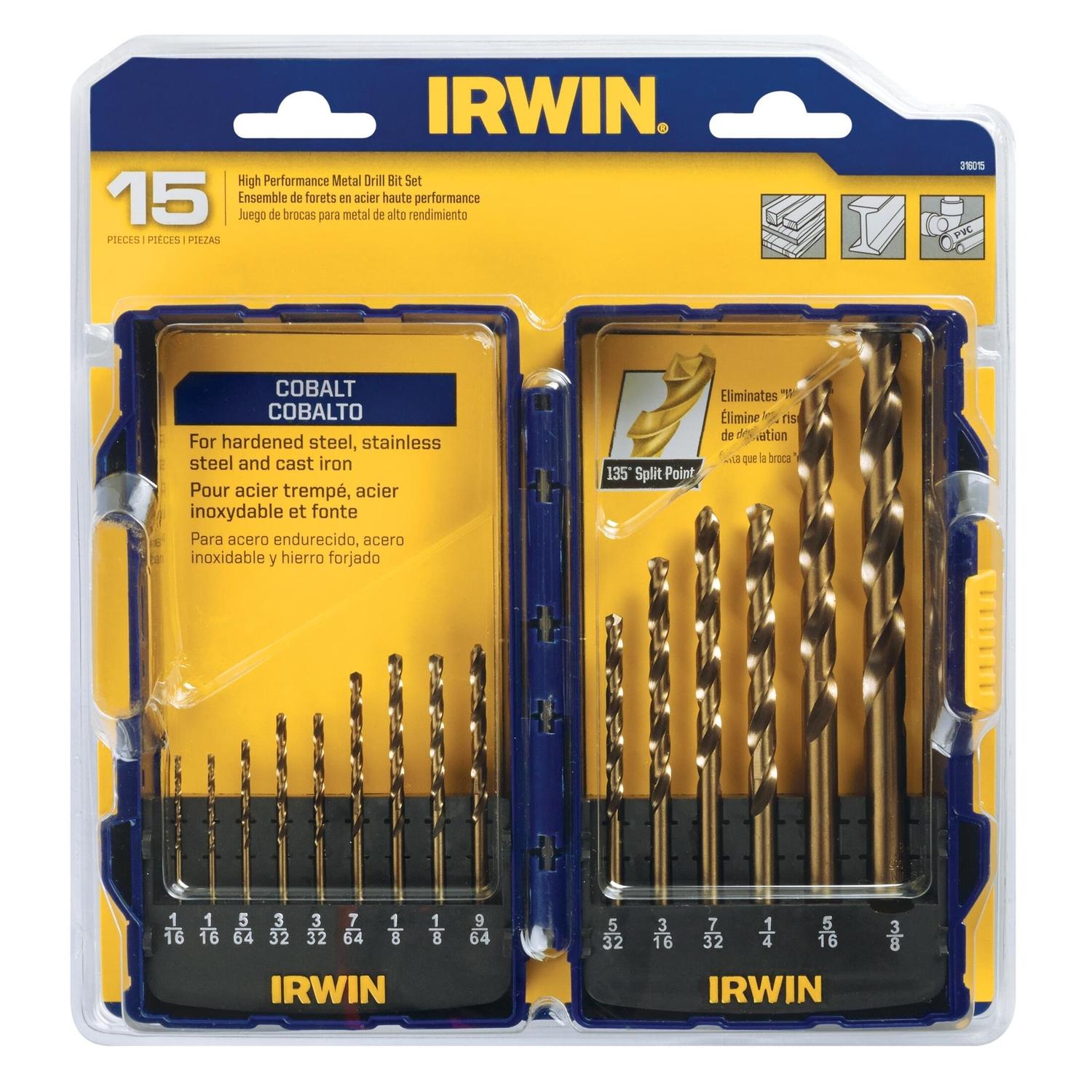 IRWIN Cobalt Steel Drill Bit Set Straight Shank 15 pc