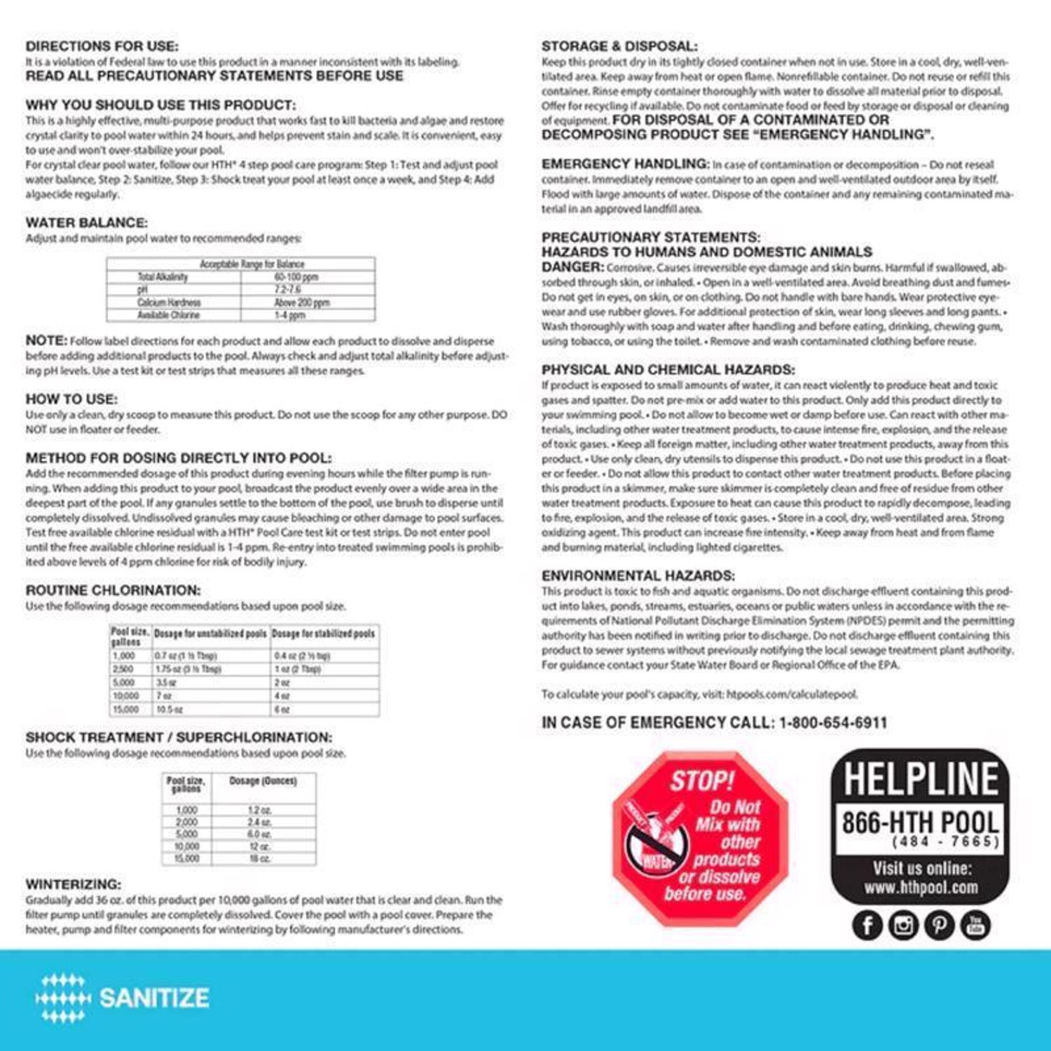 HTH Pool Care Ultra Granule Chlorinating Chemicals 5 lb Stine Home