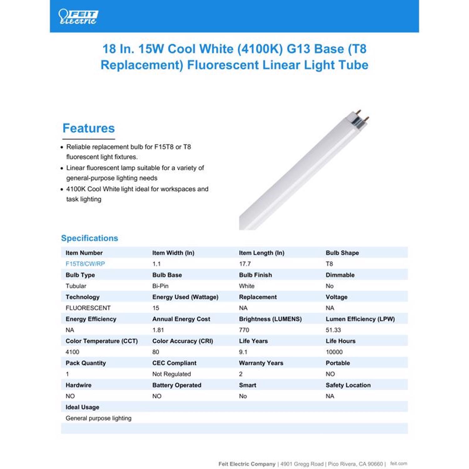 Feit Legacy Bulbs 15 W T8 1.1 in. D X 17.7 in. L Fluorescent Bulb Cool White Linear 4100 K 1 pk
