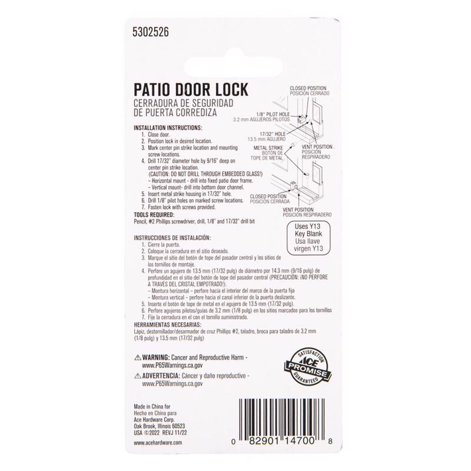 Ace Painted Aluminum Indoor Patio Door Lock