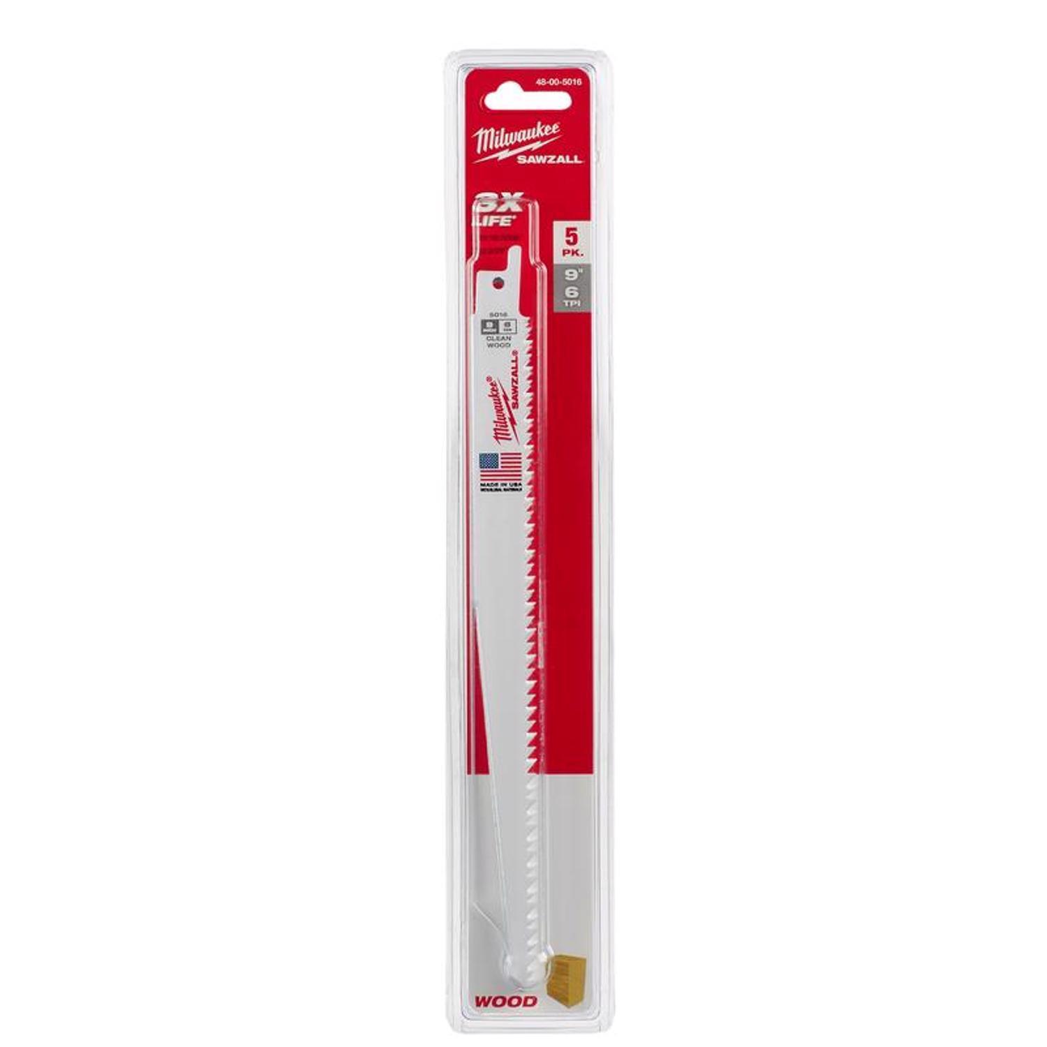 Milwaukee Sawzall 9 in. Bi-Metal Clean Wood Reciprocating Saw Blade 6 TPI 5 pk