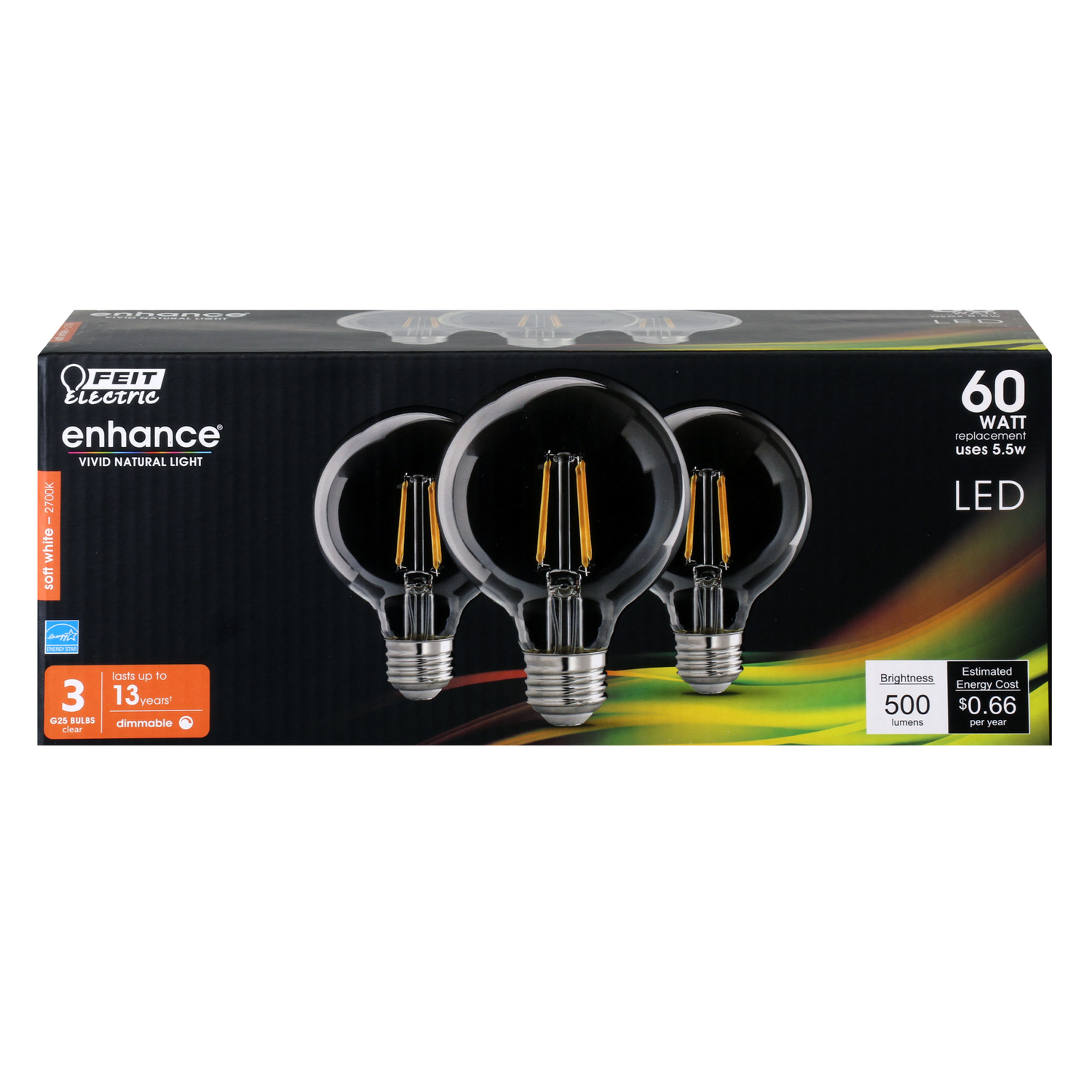 Feit Electric Enhance G25 E26 (Medium) Filament LED Bulb Soft White 60 Watt Equivalence 3 pk