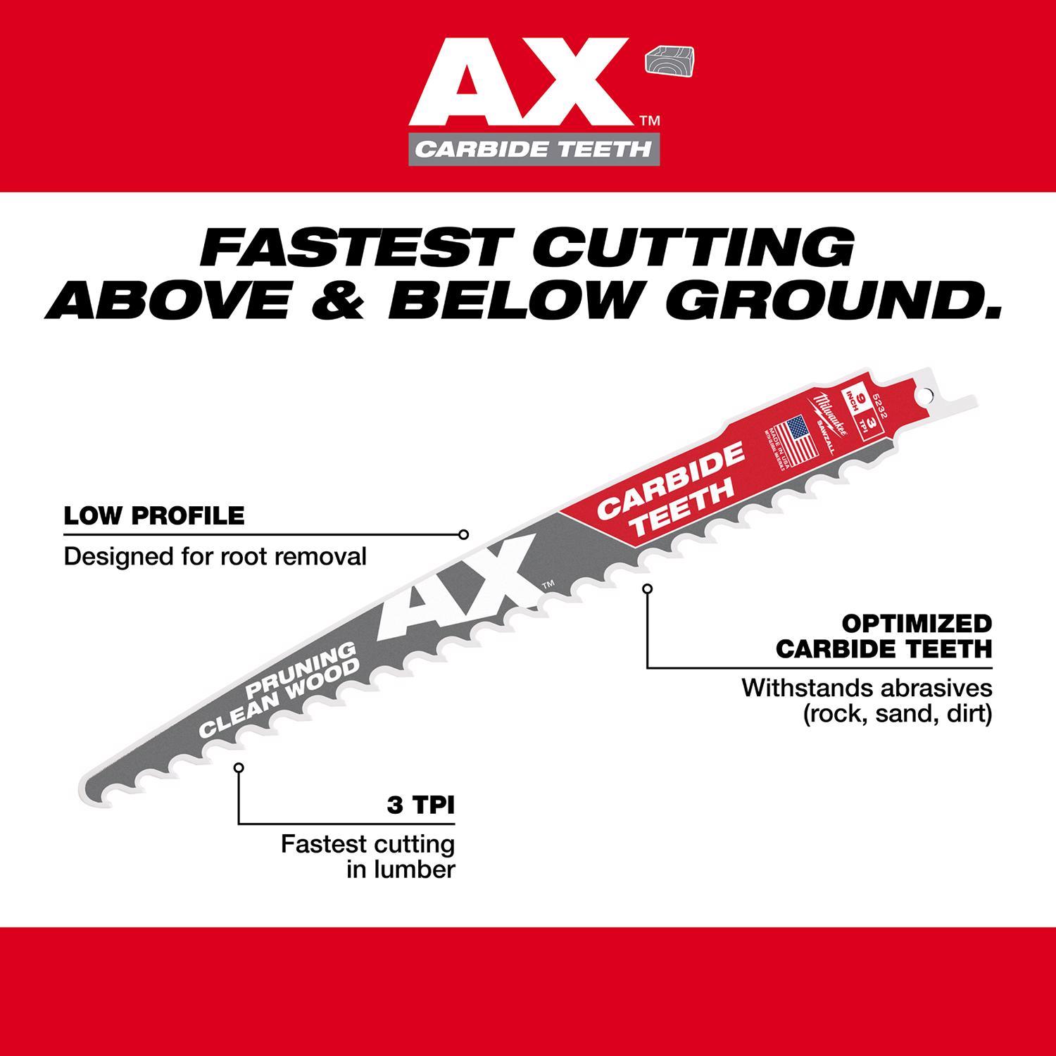 Milwaukee AX Sawzall 9 in. Carbide Pruning & Clean Wood Reciprocating Saw Blade 3 TPI 1 pk