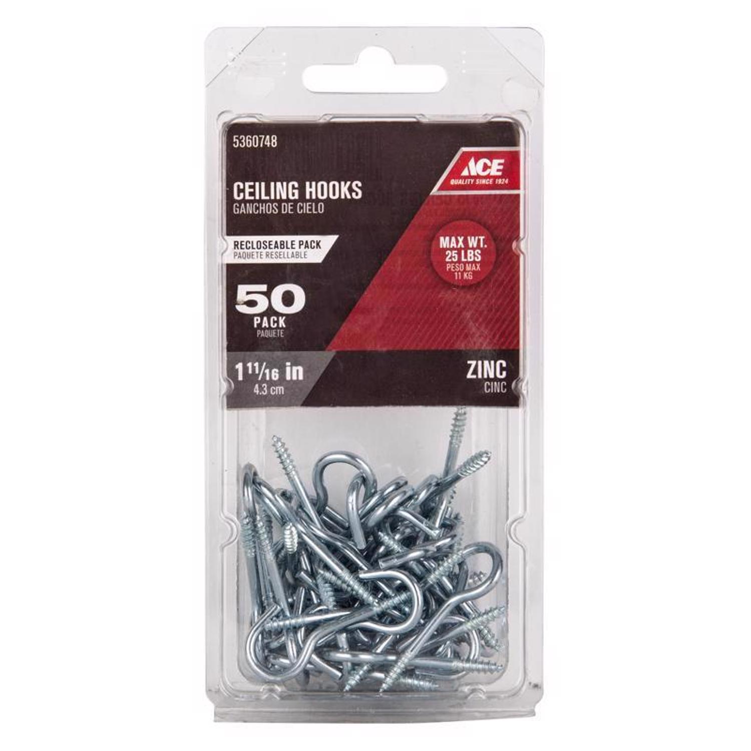 Ace Small Zinc-Plated Silver Steel 1-11/16 in. L Ceiling Hook 25 lb 50 pk