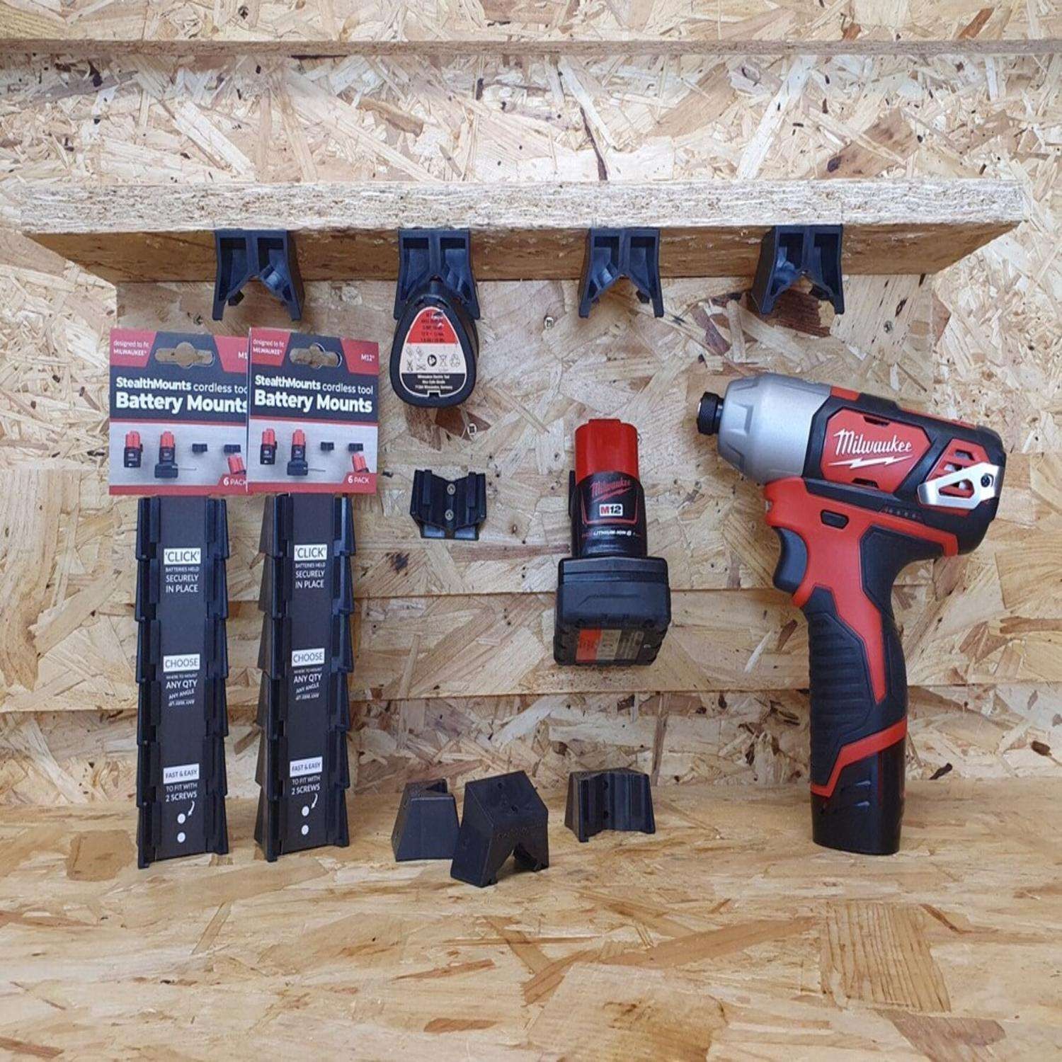 StealthMounts Battery Mounts Compatible with Milwaukee M12; Black ABS Battery Holder 6 Pack