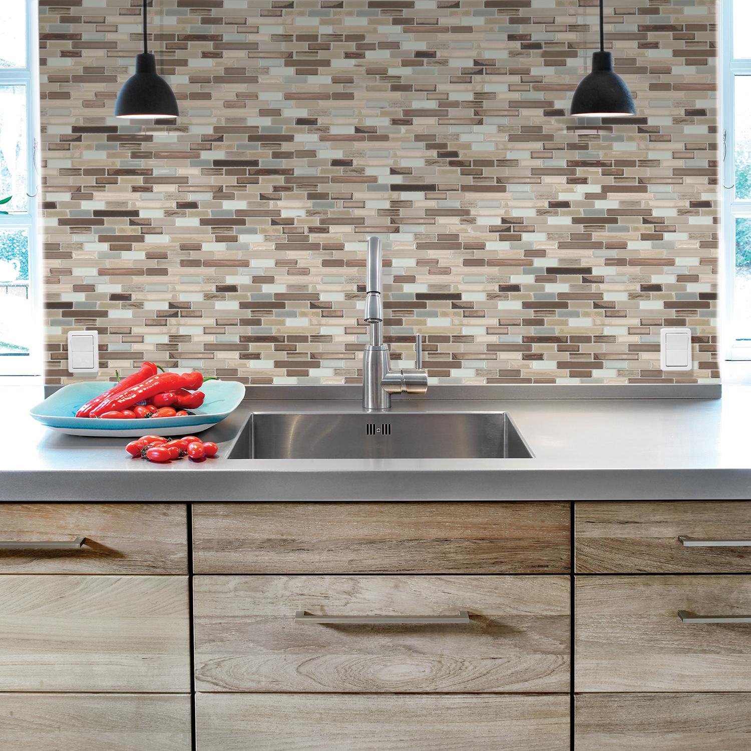 Smart Tiles 9.1 in. W X 10.2 in. L Beige/White Mosaic Vinyl Adhesive Wall Tile 4 pc