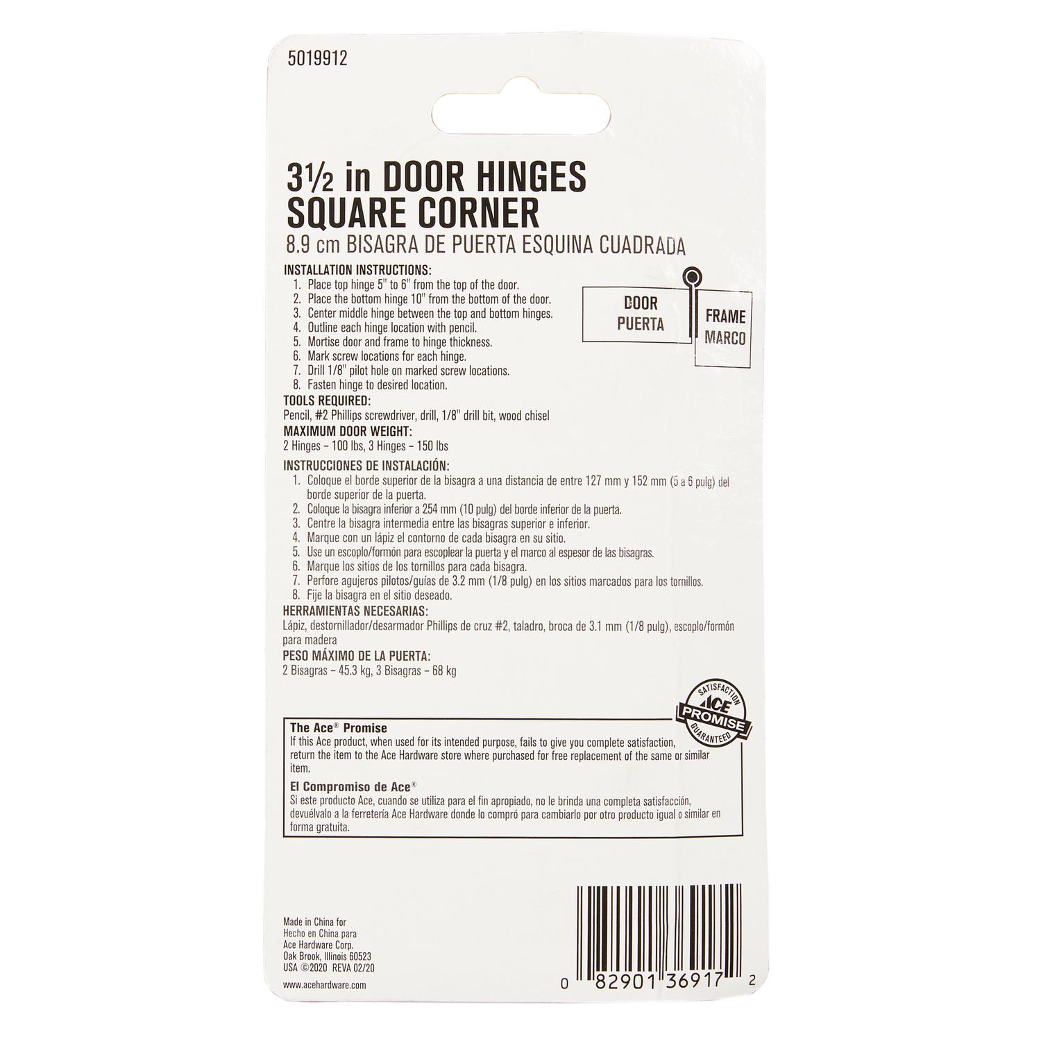 Ace 3-1/2 in. L Satin Brass Residential Door Hinge 3 pk