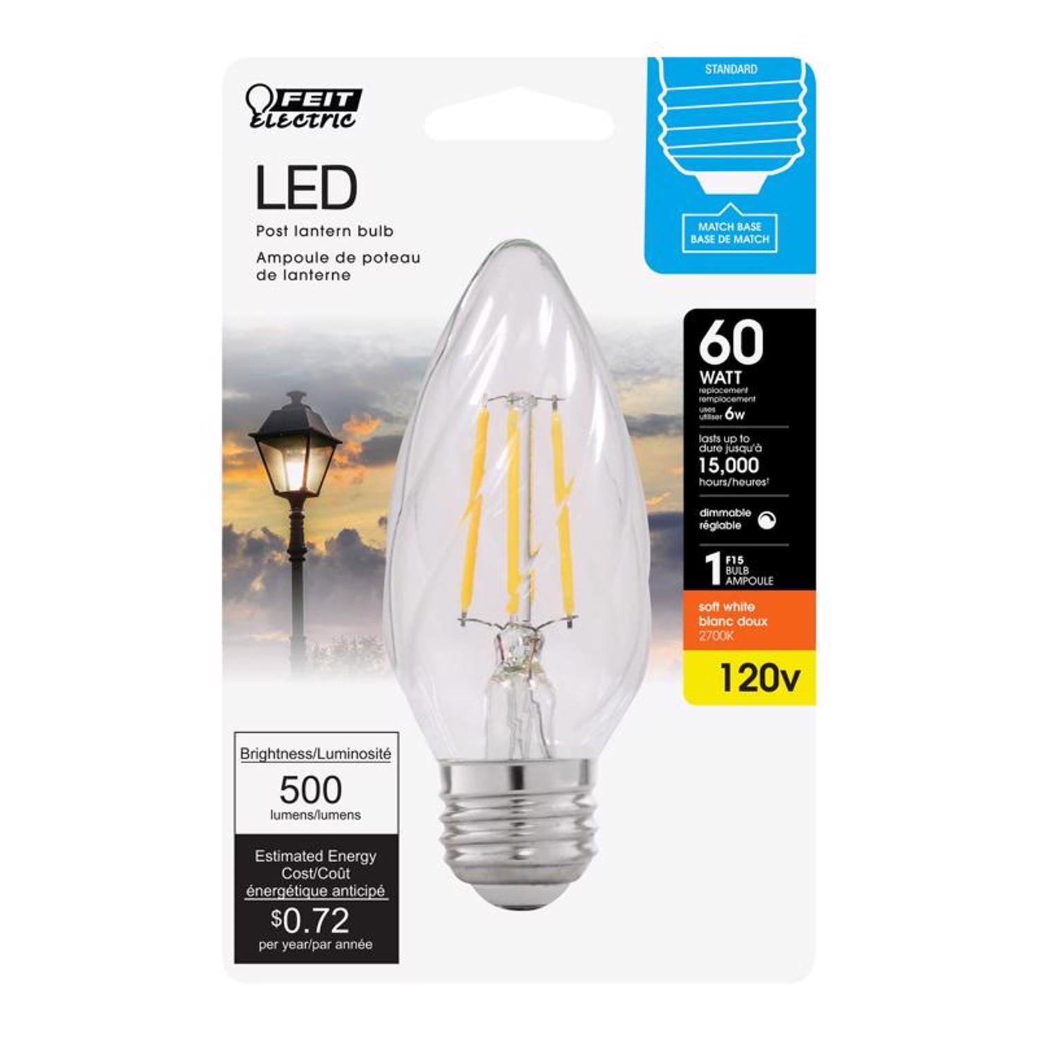 Feit Electric F15 E26 (Medium) Post Lantern Led Bulb Soft White 60 Watt Equivalence 1 Pack