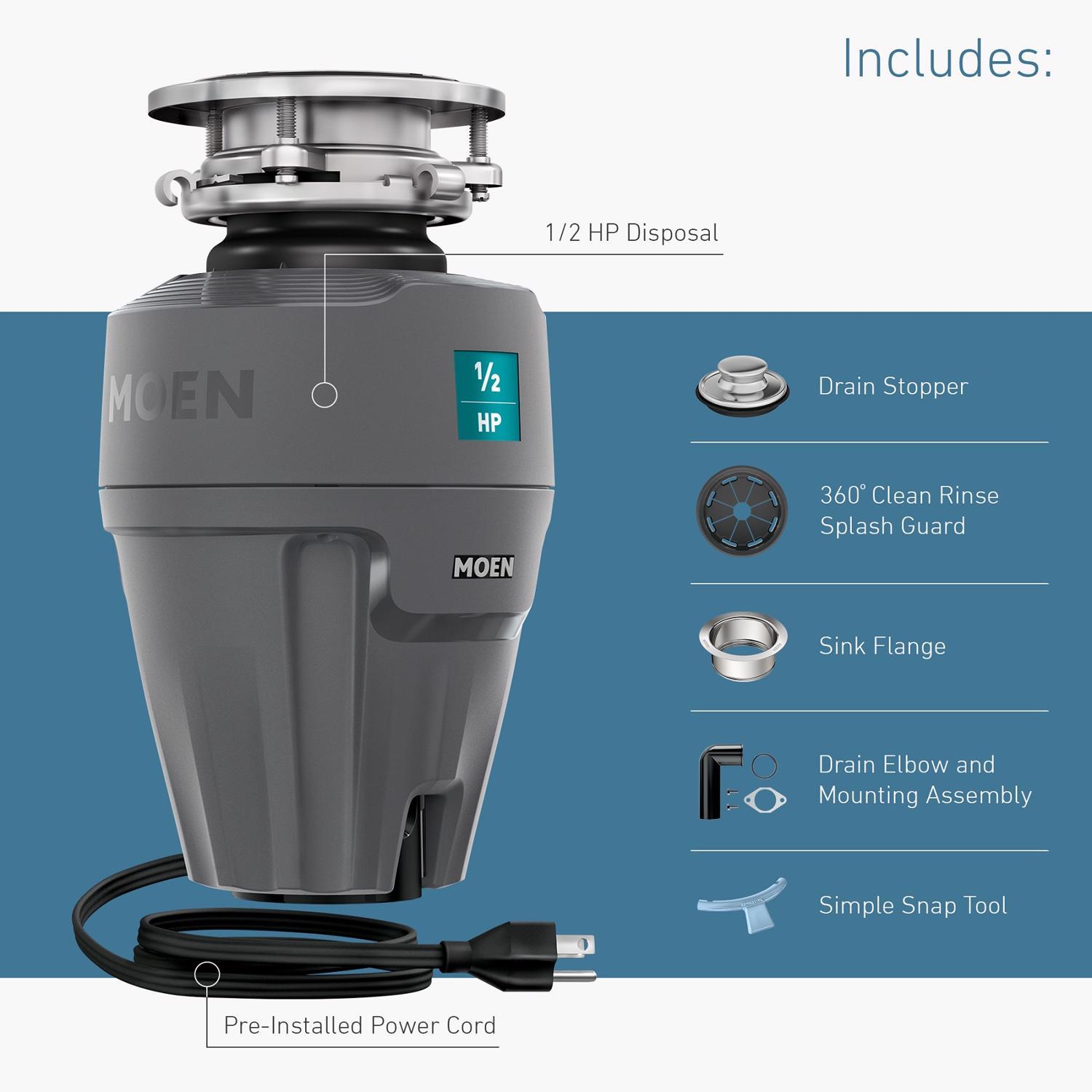 Moen The Prep Series 1/2 HP Continuous Feed Garbage Disposal with Power Cord