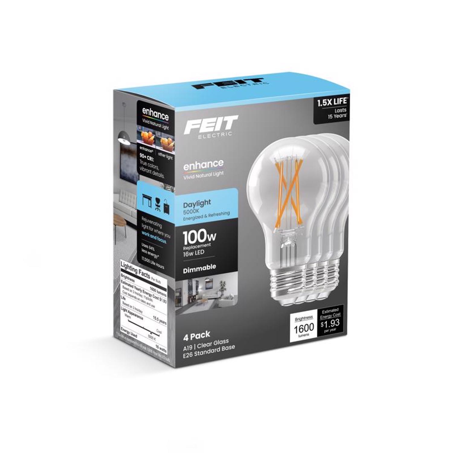 Feit A19 E26 (Medium) Filament LED Bulb Daylight 100 Watt Equivalence 4 Pack