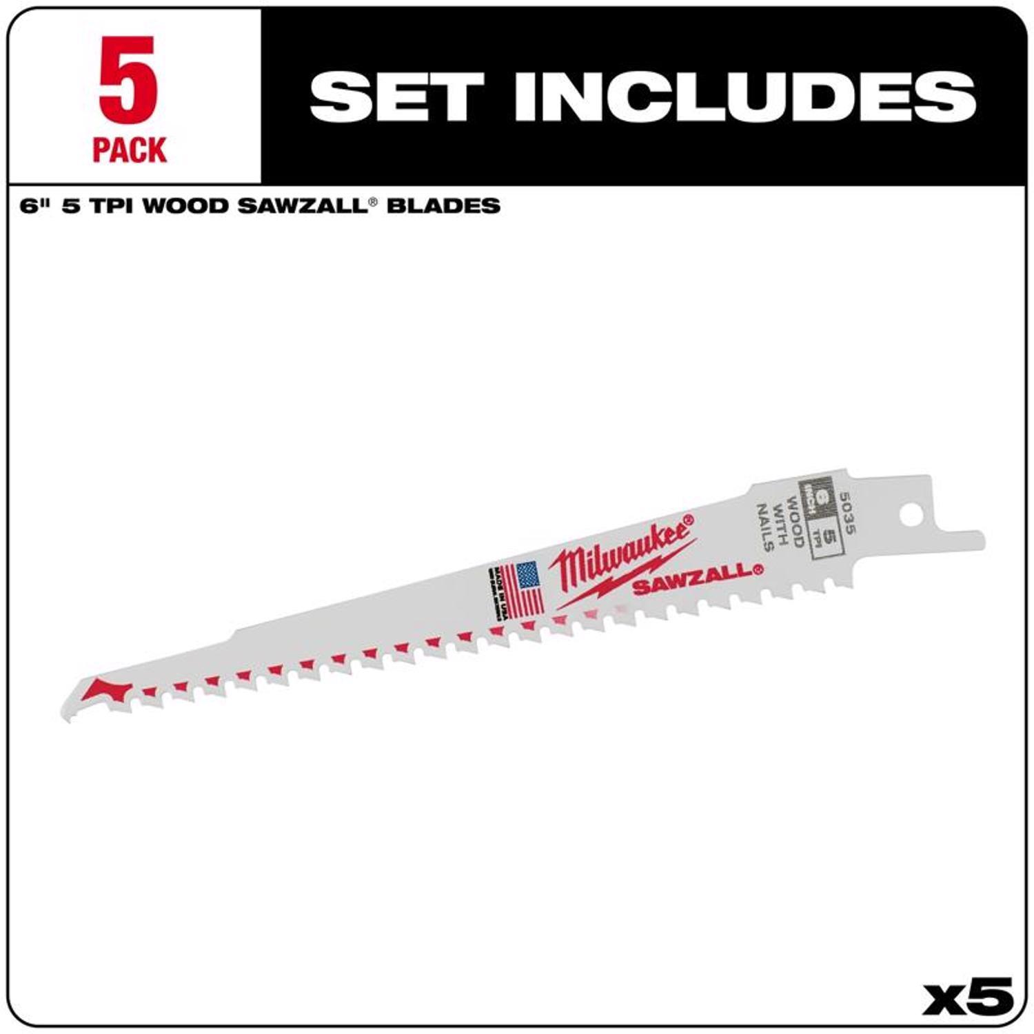 Milwaukee Sawzall 6 in. Bi-Metal Thin Kerf Reciprocating Saw Blade 5 TPI 5 pk