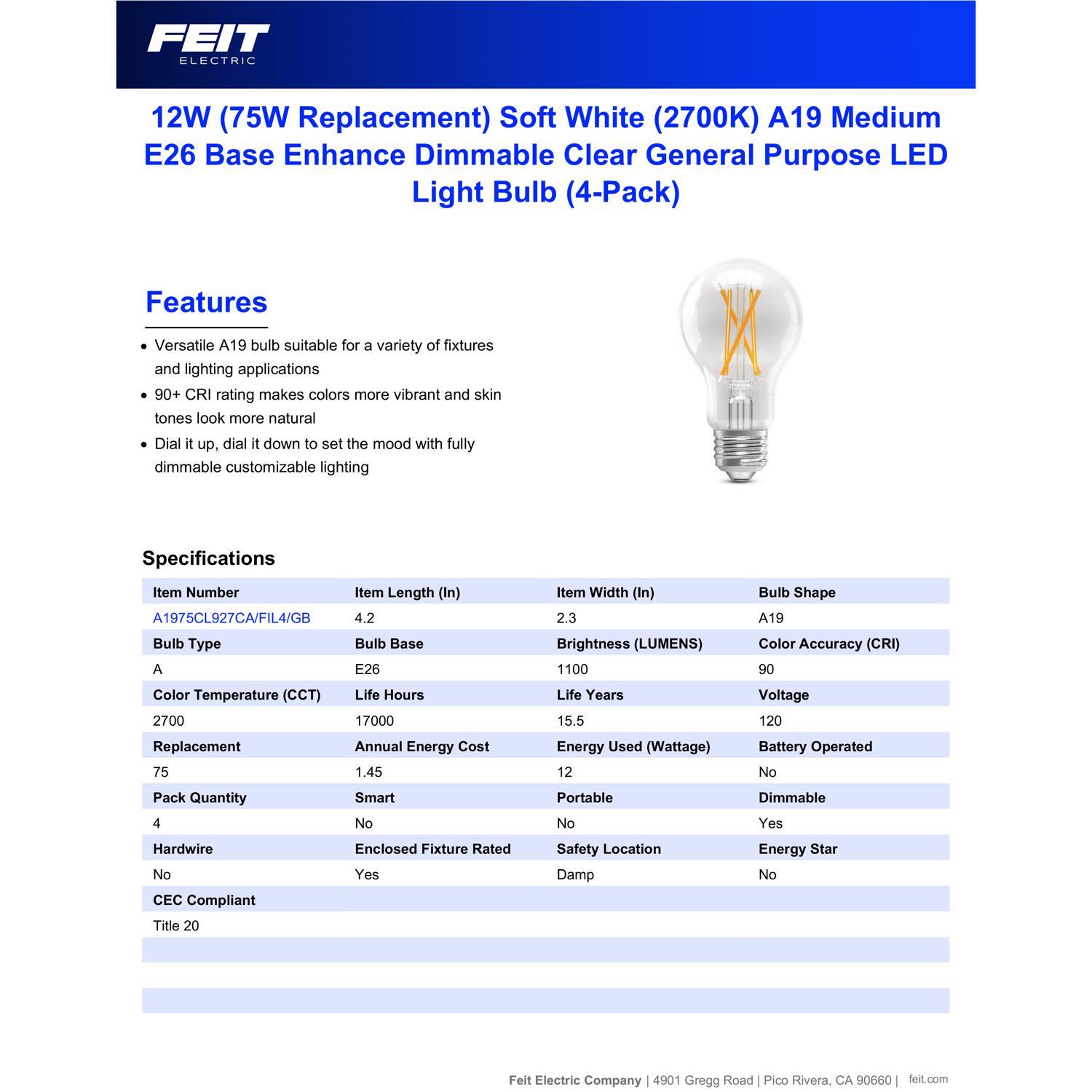 Feit A19 E26 (Medium) Filament LED Bulb Soft White 75 Watt Equivalence 4 pk