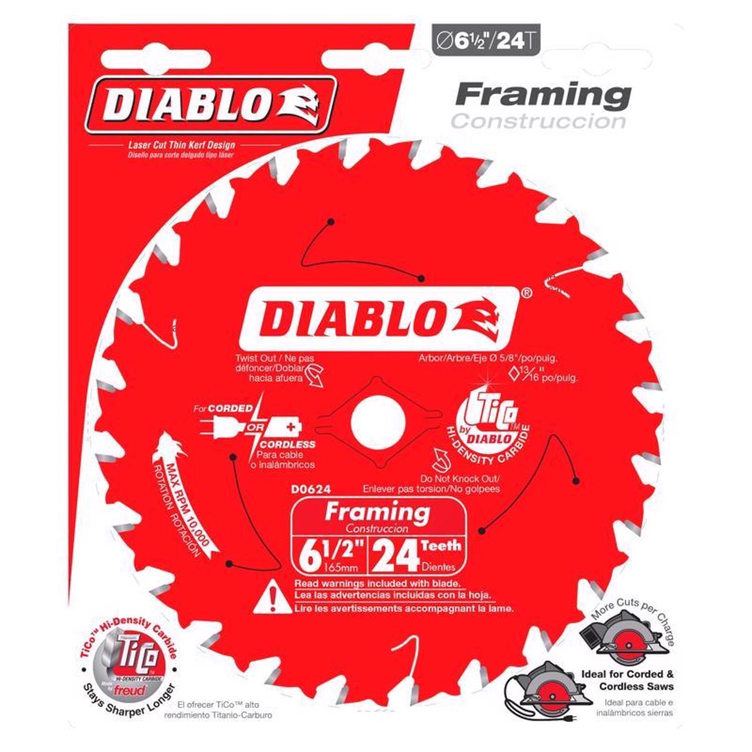 Diablo Tracking Point 6-1/2 in. D X 5/8 in. TiCo Hi-Density Carbide Framing Blade 24 teeth 1 pk