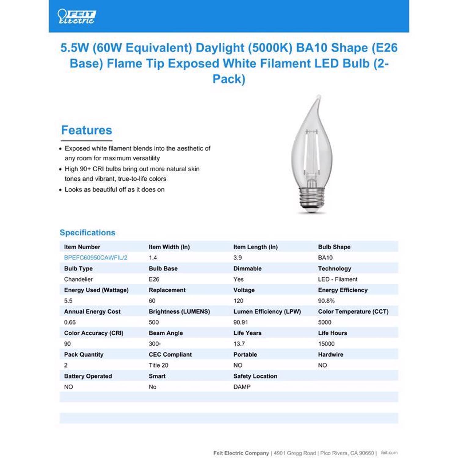 Feit White BA10 E26 (Medium) Filament LED Bulb Daylight 60 Watt Equivalence 2 pk