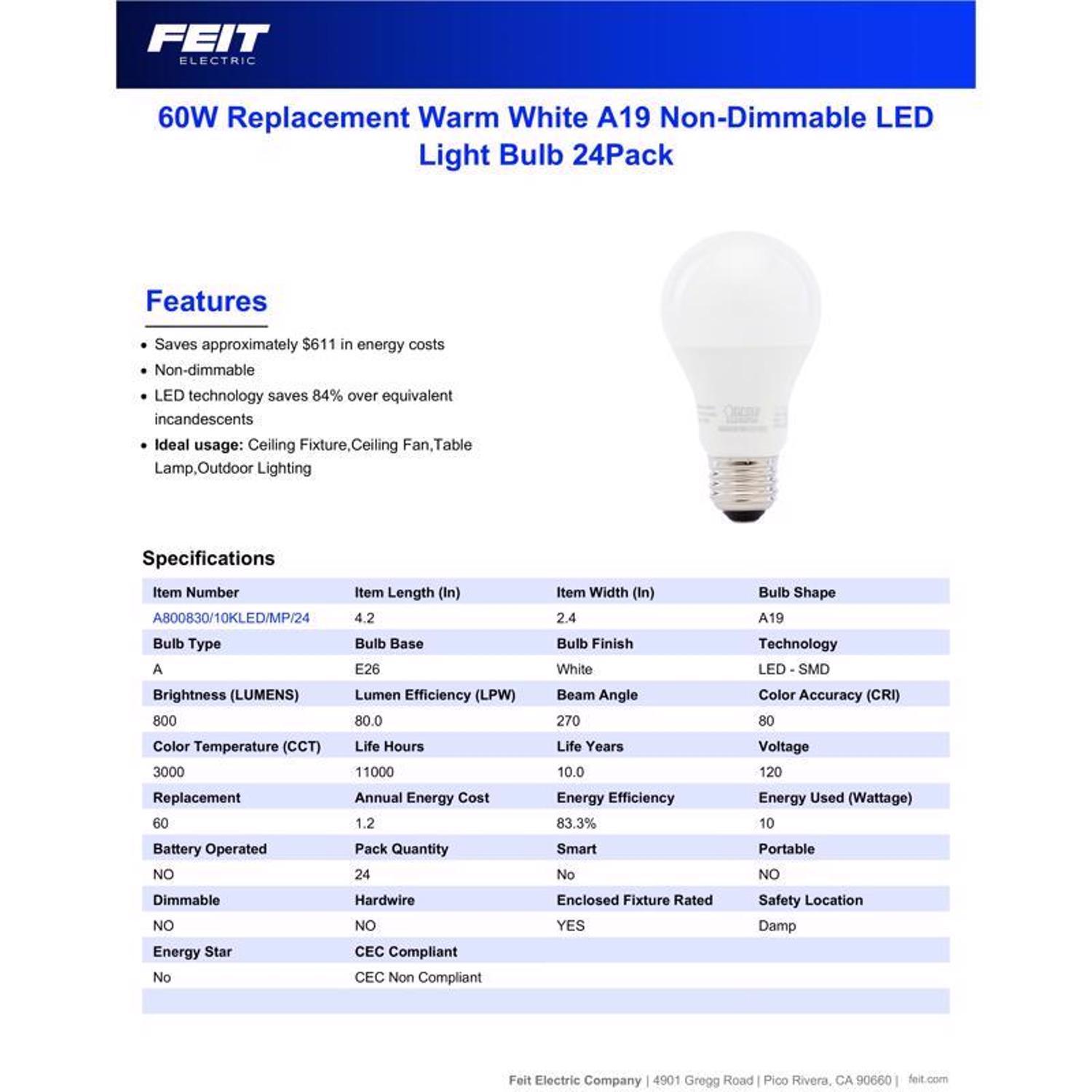 Feit A19 E26 (Medium) LED Bulb Soft White 60 Watt Equivalence 24 pk