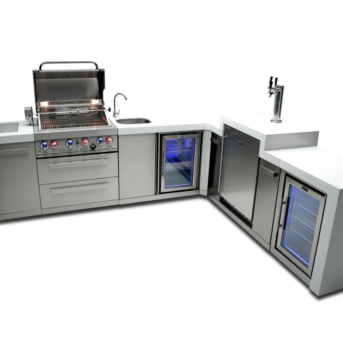 Mont Alpi 4-burner Deluxe Island with a 90-degree corner, kegerator, beverage center and fridge cabinet