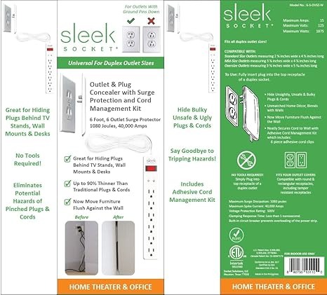 Sleek Socket Original & Patented Ultra-Thin Outlet Concealer with Cord Concealer Kit