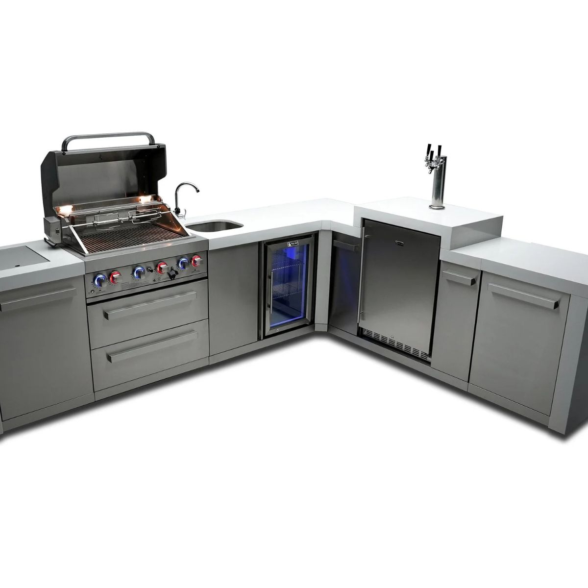 Mont Alpi 4-Burner Deluxe Island with a 90-Degree Corner, Kegerator, and Beverage Center