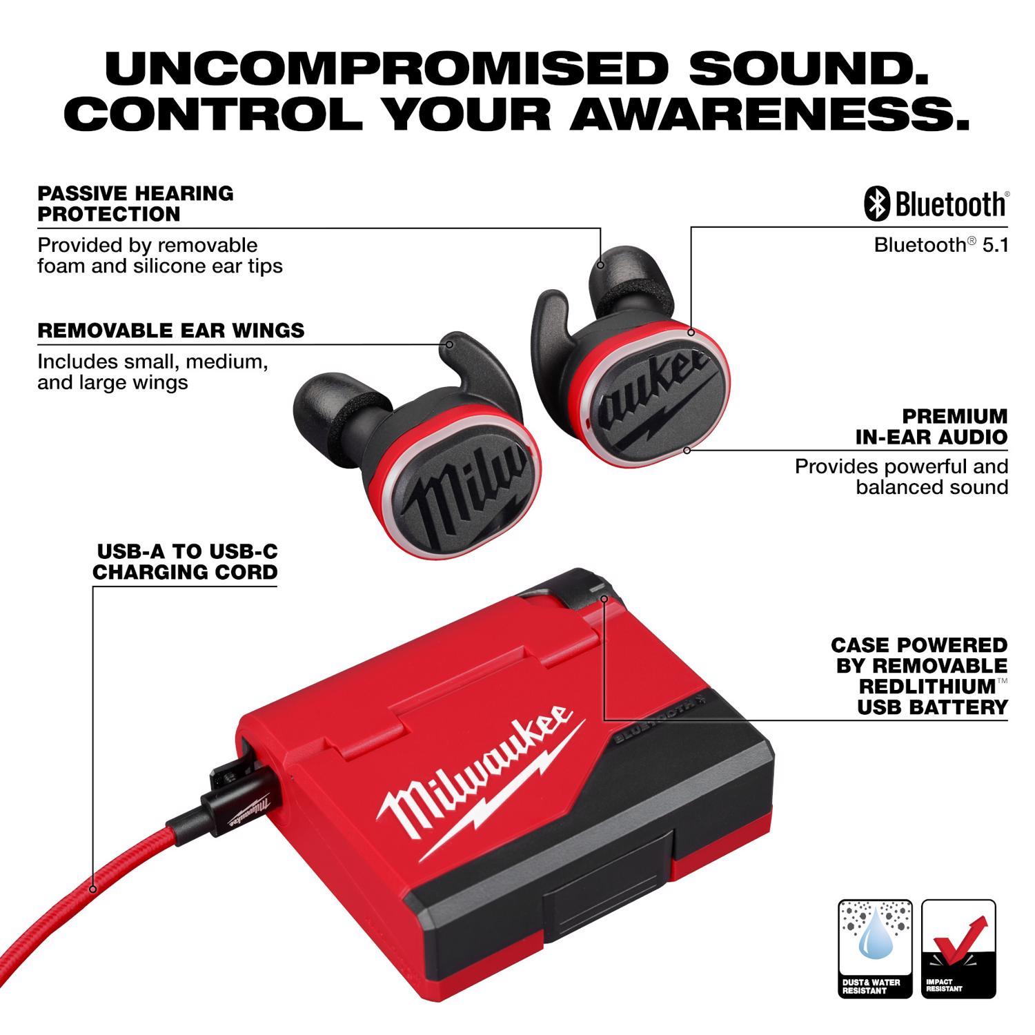 Milwaukee Redlithium Bluetooth Ear Plugs/Ear Phones With Mic Black/Red 1 pk