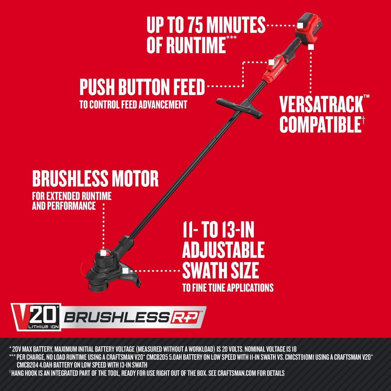 CRAFTSMAN V20 BRUSHLESS RP CMCST930P1 13 in. Battery String Trimmer Kit (Battery & Charger)