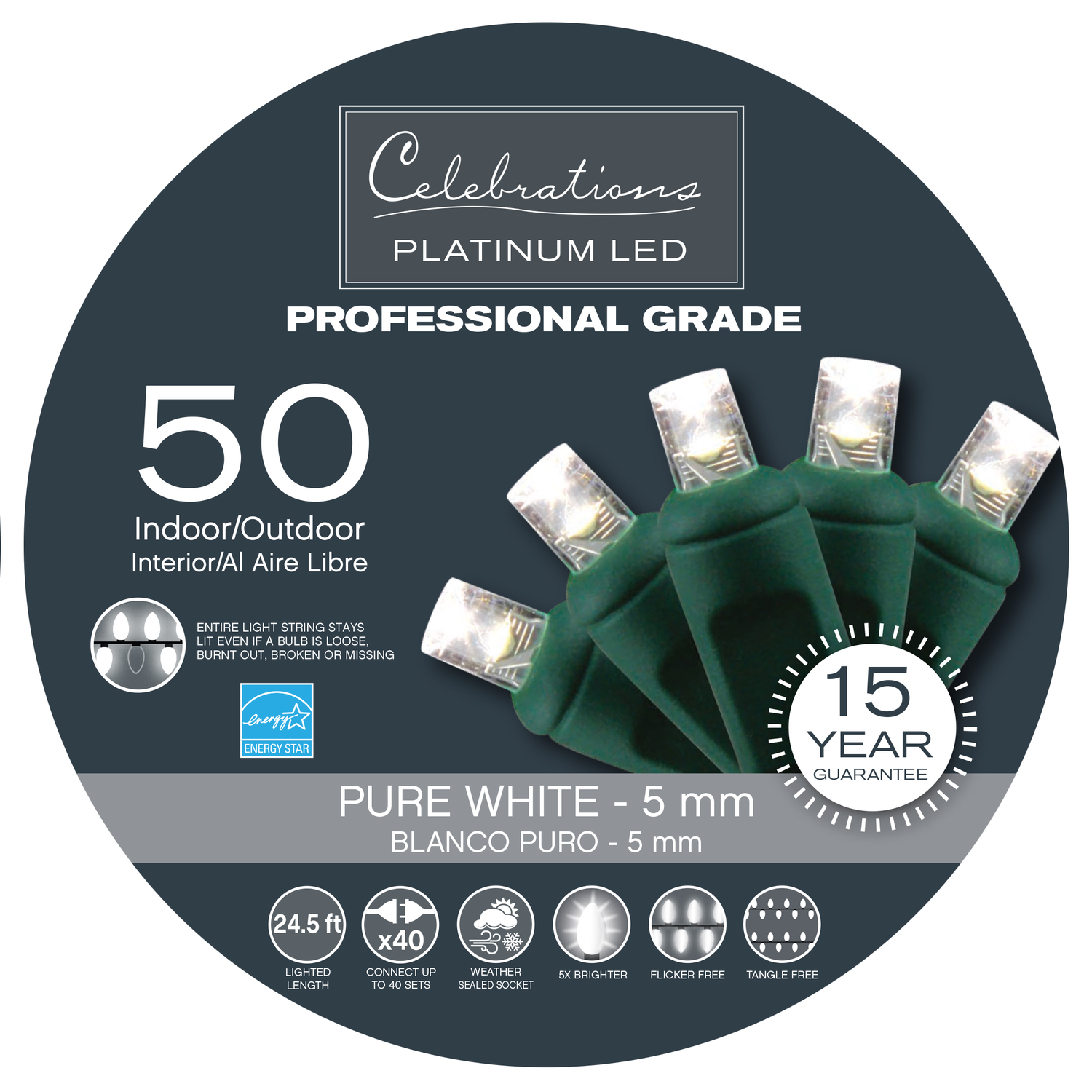 Celebrations Platinum LED Micro/5mm Pure White 50 ct String Christmas Lights 24.5 ft.