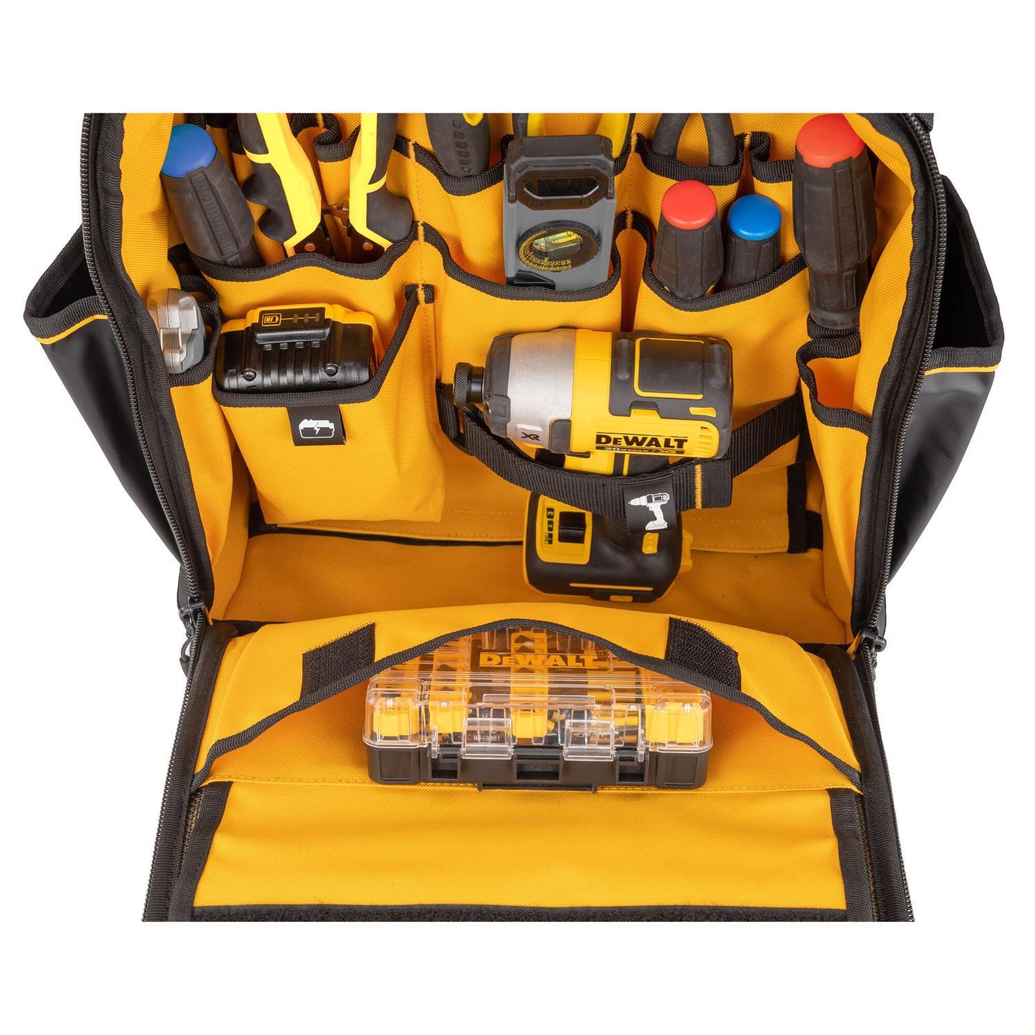 DEWALT 7.75 in. W X 18.75 in. H Polyester/Tarpaulin Pro Backpack Tool Bag 43 pocket Black/Yellow 1 p