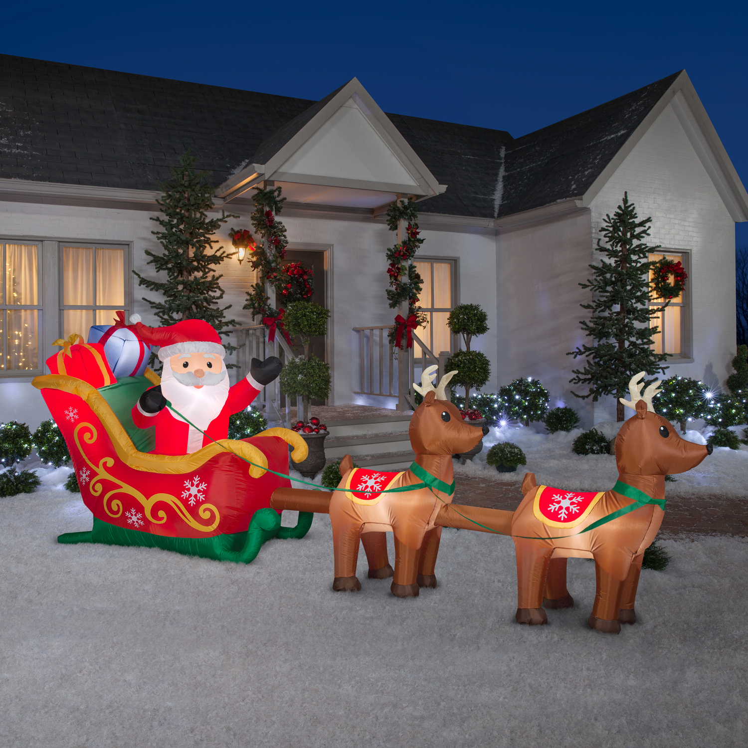 Gemmy LED white 58.27 in. Santa Sleigh with Reindeer Inflatable