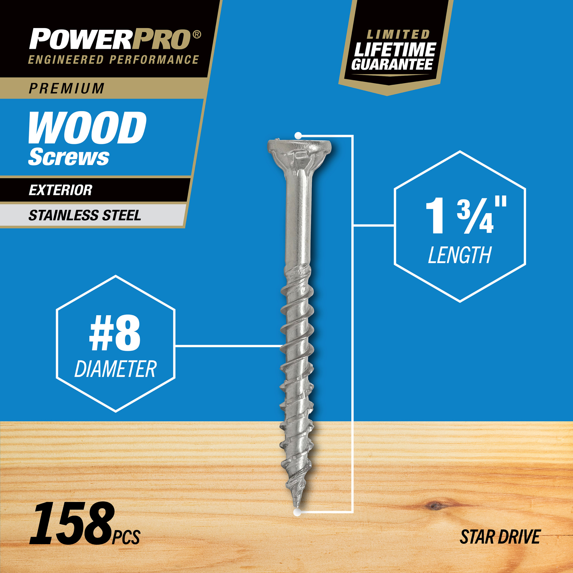 Power Pro Premium 305 Stainless Steel Wood Screws (#8 x 1-3/4 in.) - 158 pc
