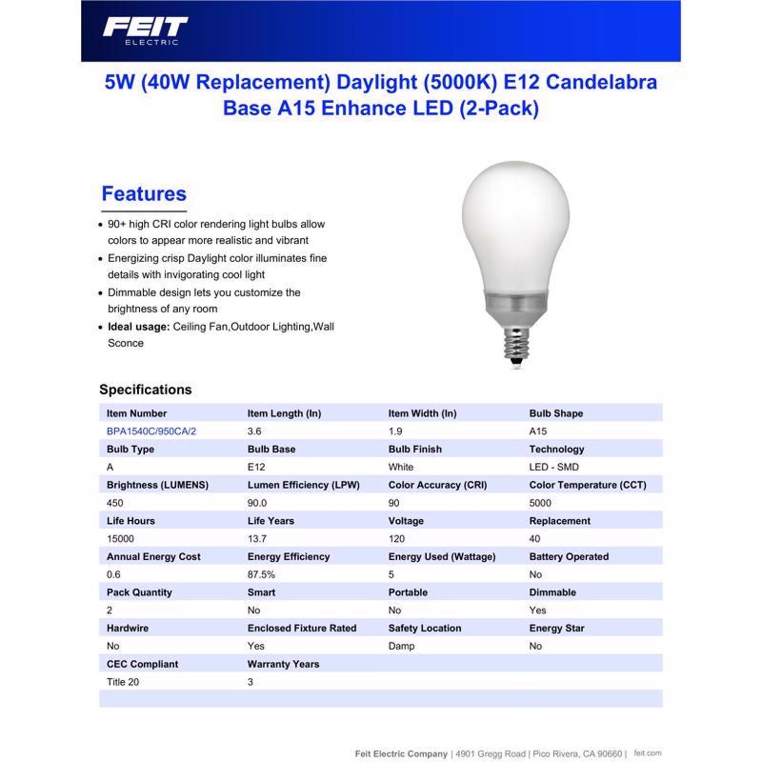 Feit Enhance A15 E12 (Candelabra) LED Bulb Daylight 40 Watt Equivalence 2 pk