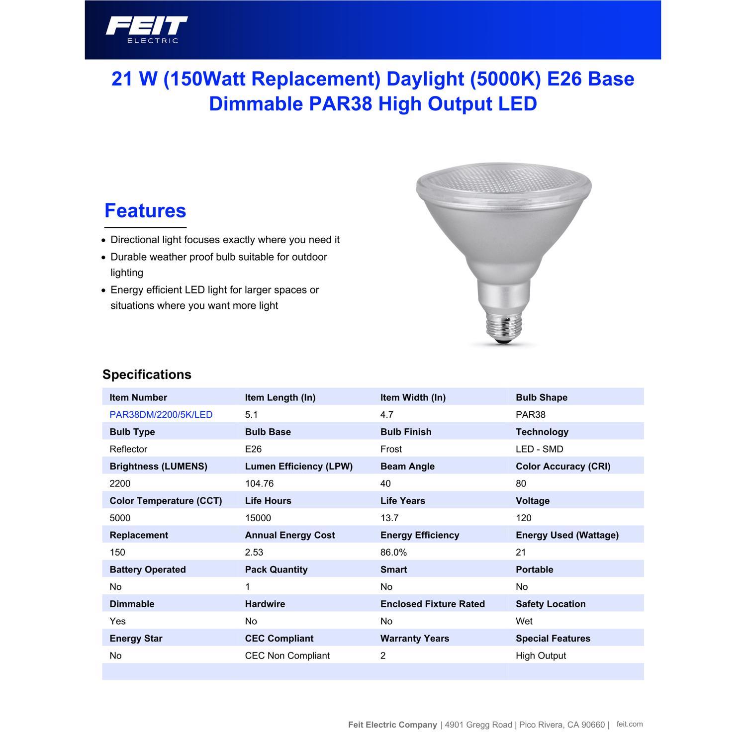 Feit PAR38 E26 (Medium) LED Bulb Daylight 150 Watt Equivalence 1 pk