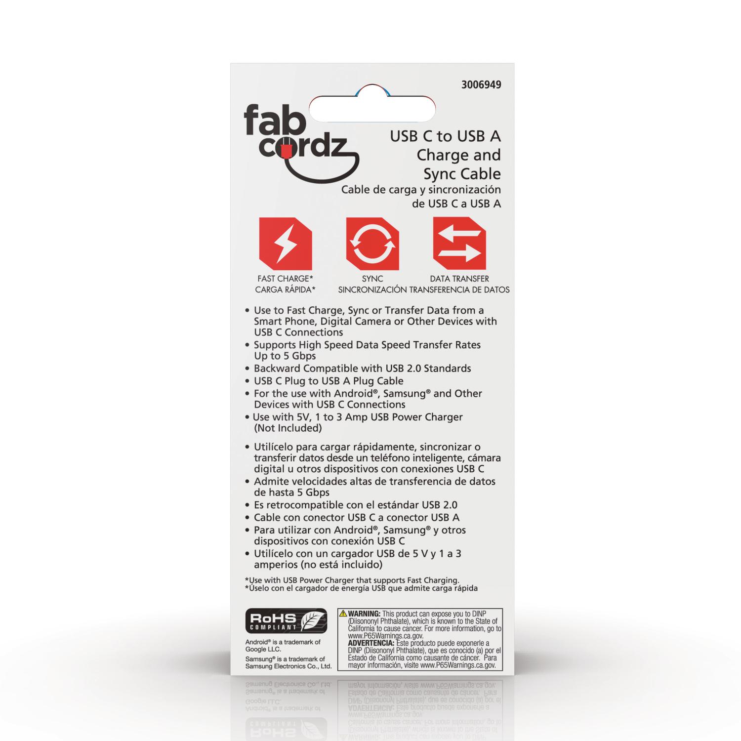 Fabcordz USB-C to USB-A Charge and Sync Cable 3 ft. Black