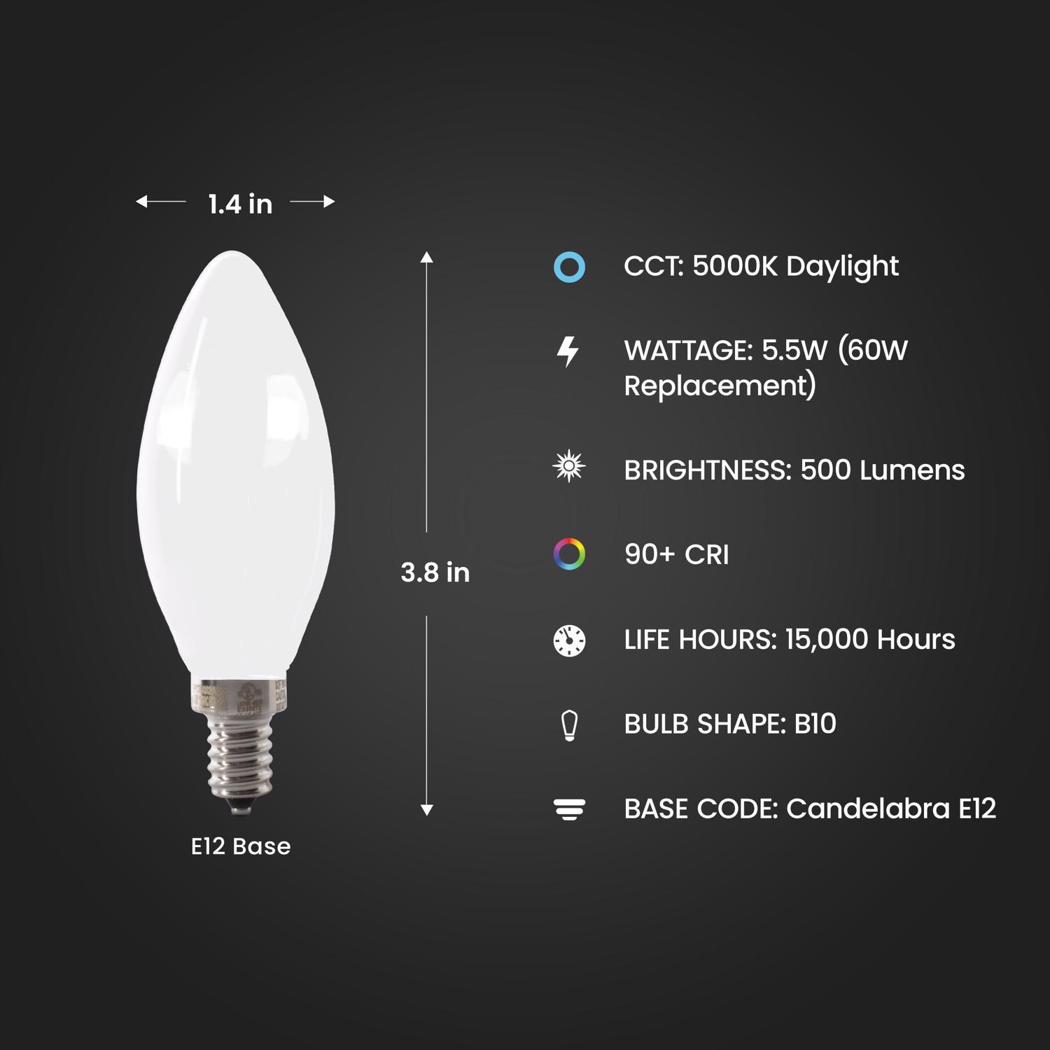 Feit Enhance Blunt Tip E12 (Candelabra) Filament LED Bulb Daylight 60 Watt Equivalence 2 pk