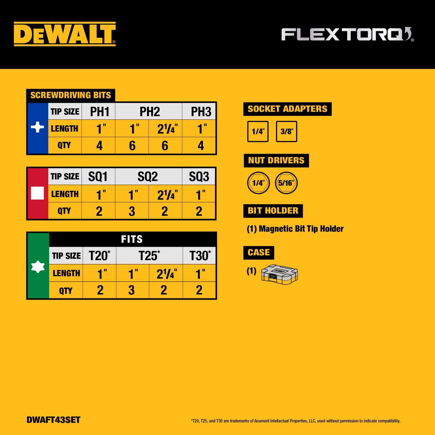 DeWalt FlexTorq Assorted Screwdriving Bit Set Alloy Steel 43 pc