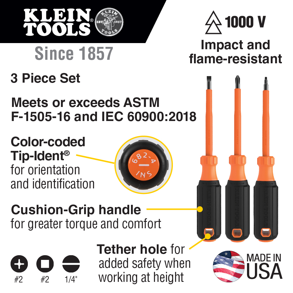 Klein Screwdriver Set, 1000V Insulated, 3-Piece
