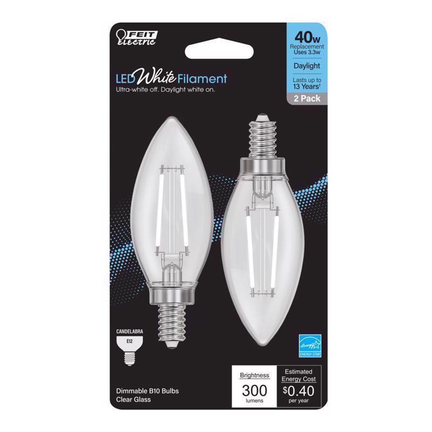 Feit White Filament B10 E12 (Candelabra) Filament LED Bulb Daylight 40 Watt Equivalence 2 pk