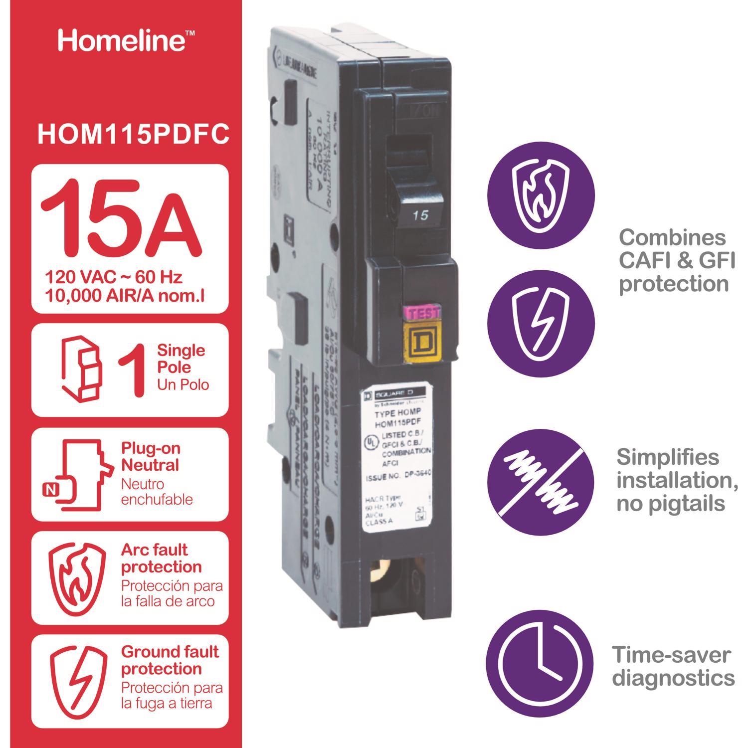 Square D HomeLine 15 amps Arc Fault/Ground Fault Single Pole Circuit Breaker