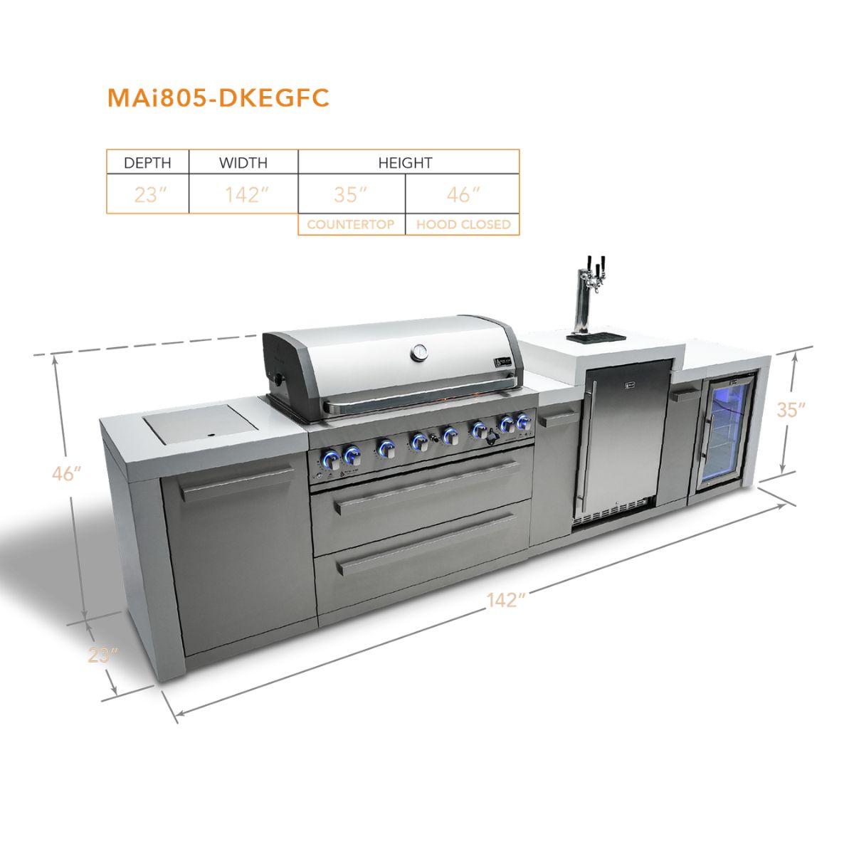 Mont Alpi 6-burner Deluxe Island with a kegerator and fridge cabinet