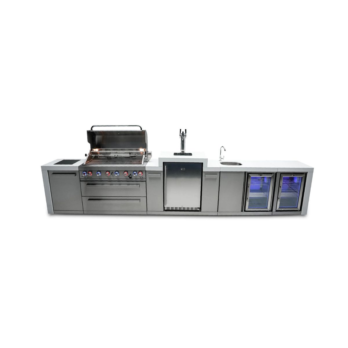 Mont Alpi 6-burner Deluxe Island with a kegerator, beverage center, and fridge cabinet