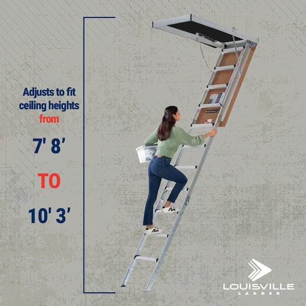 Louisville Ladder 7 ft. 8 in. to 10 ft. 3 in. 25.5 in. x 54 in. Fire Rated Door Aluminum Attic Ladder, Type IAA, 375 lbs. Load Capacity