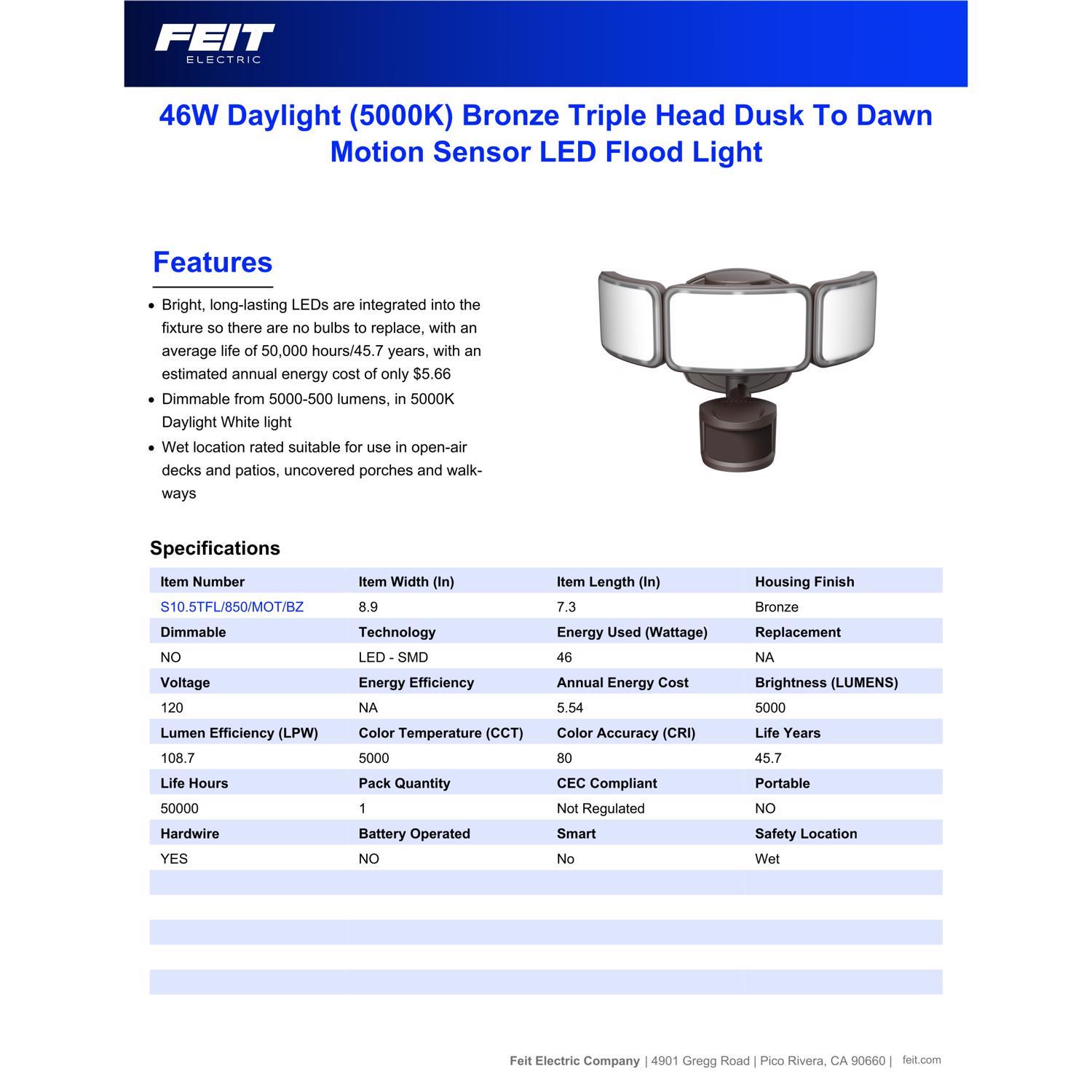 Feit Motion-Sensing Hardwired LED Bronze Security Floodlight