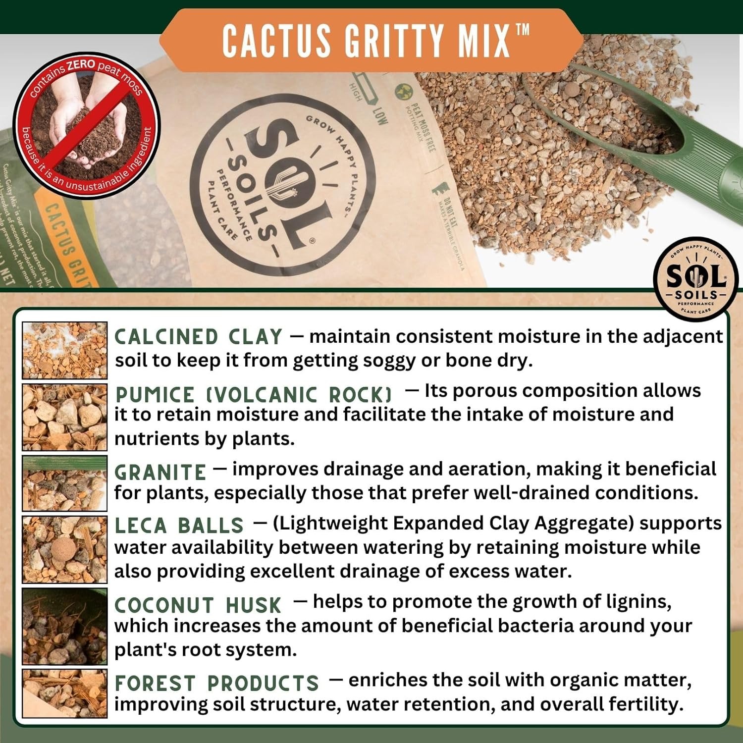 Sol Soils Gritty Cactus Soil Potting Mix - Fast Draining and Peat Moss Free with Coconut Husk Chips, Granite, Calcined Clay & Pumice for Indoor and Outdoor Plants - 2 Quarts