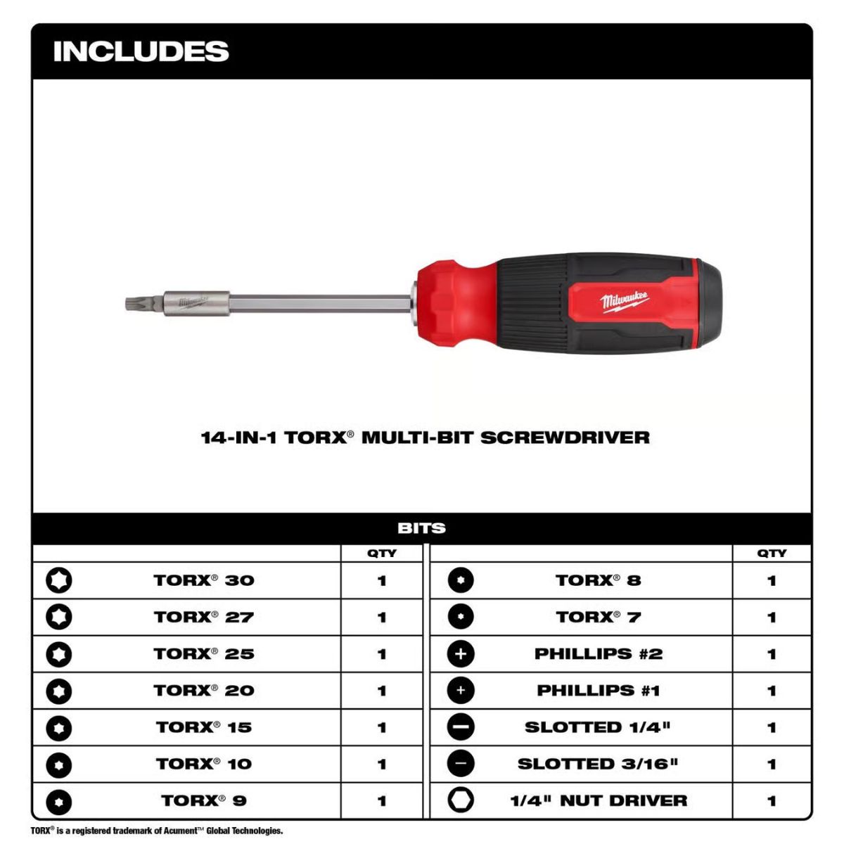 Milwaukee Torx Hex Shank 14-in-1 Multi-Bit Screwdriver 9.11 in. 1 piece