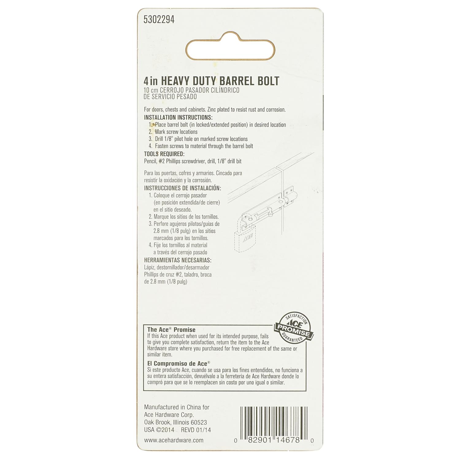 Ace 4 in. L Zinc-Plated Steel Barrel Bolt 1 pk