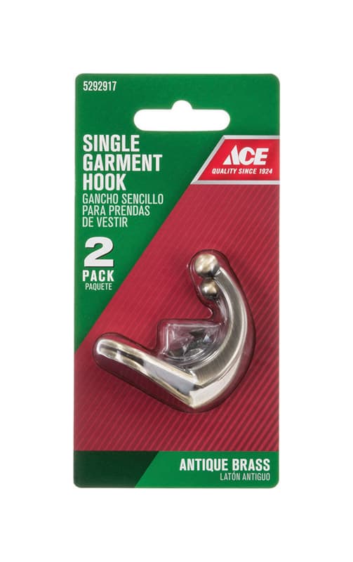 Ace 1-3/4 in. L Antique Brass Gold Brass Small Single Garment Hook 2 pk