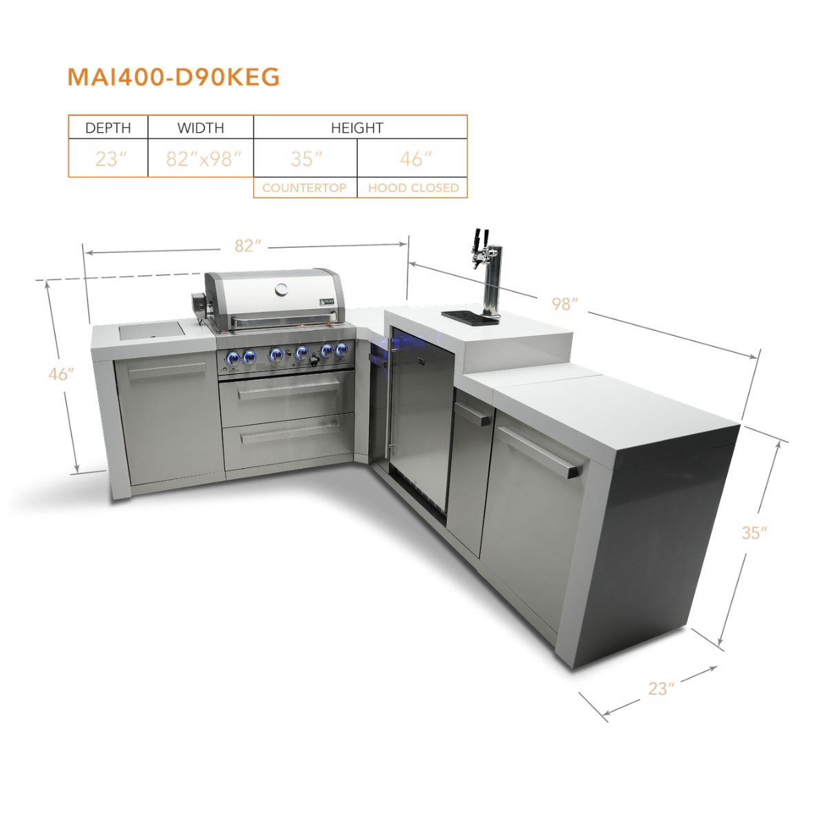Mont Alpi 4-burner Deluxe Island with a 90-degree corner and Kegerator