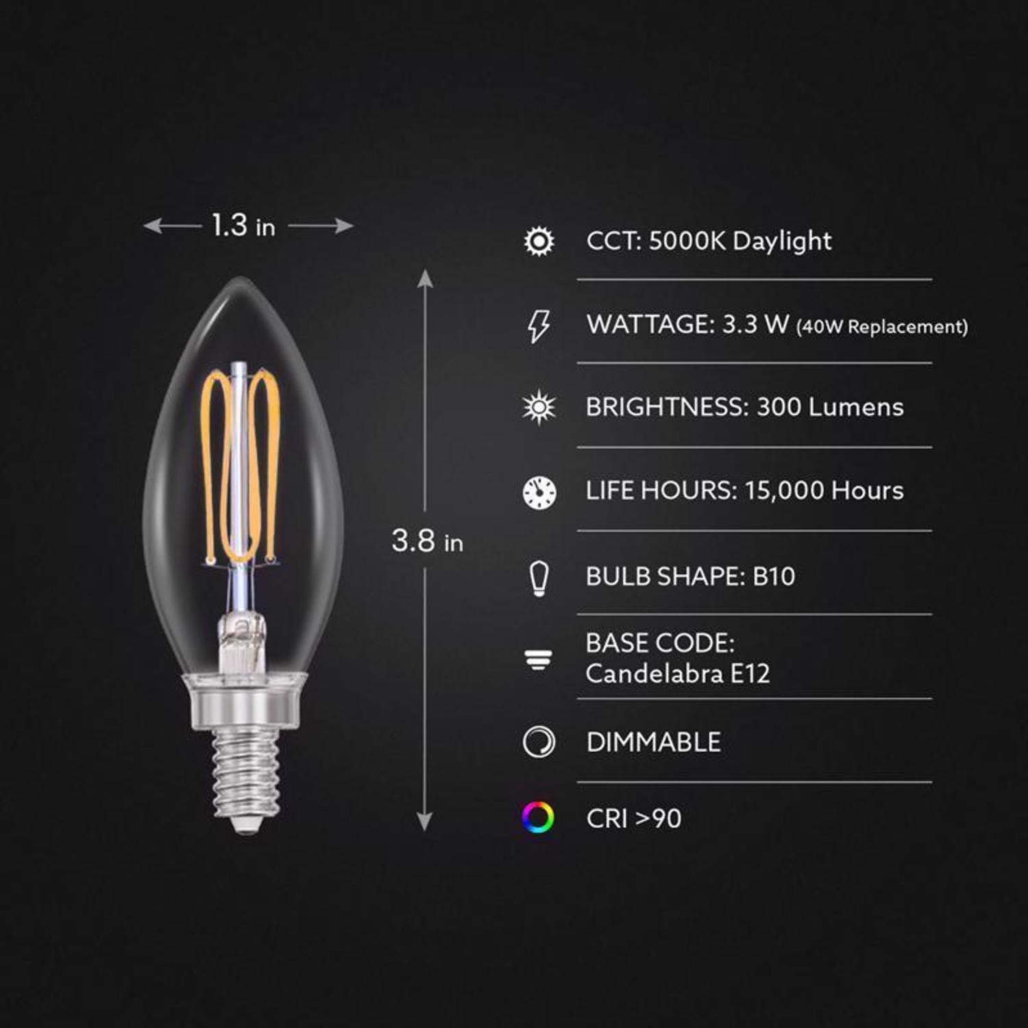 Feit B10 E12 (Candelabra) Filament LED Bulb Daylight 40 Watt Equivalence 2 pk