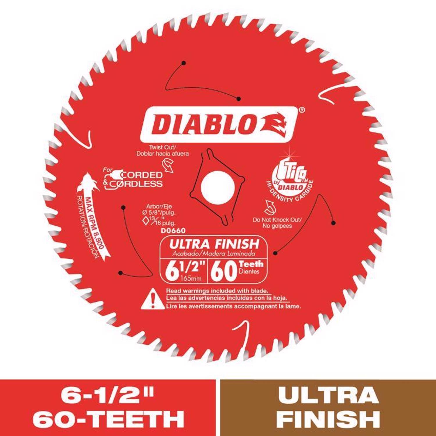 Diablo 6-1/2 in. D X 5/8 in. Ultra Finish TiCo Hi-Density Carbide Circular Saw Blade 60 teeth 1 pk