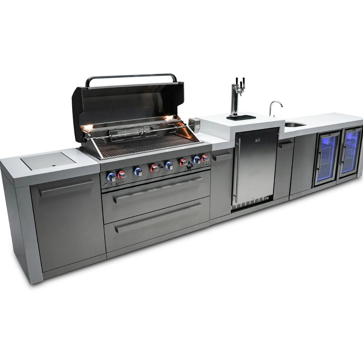 Mont Alpi 6-burner Deluxe Island with a kegerator, beverage center, and fridge cabinet